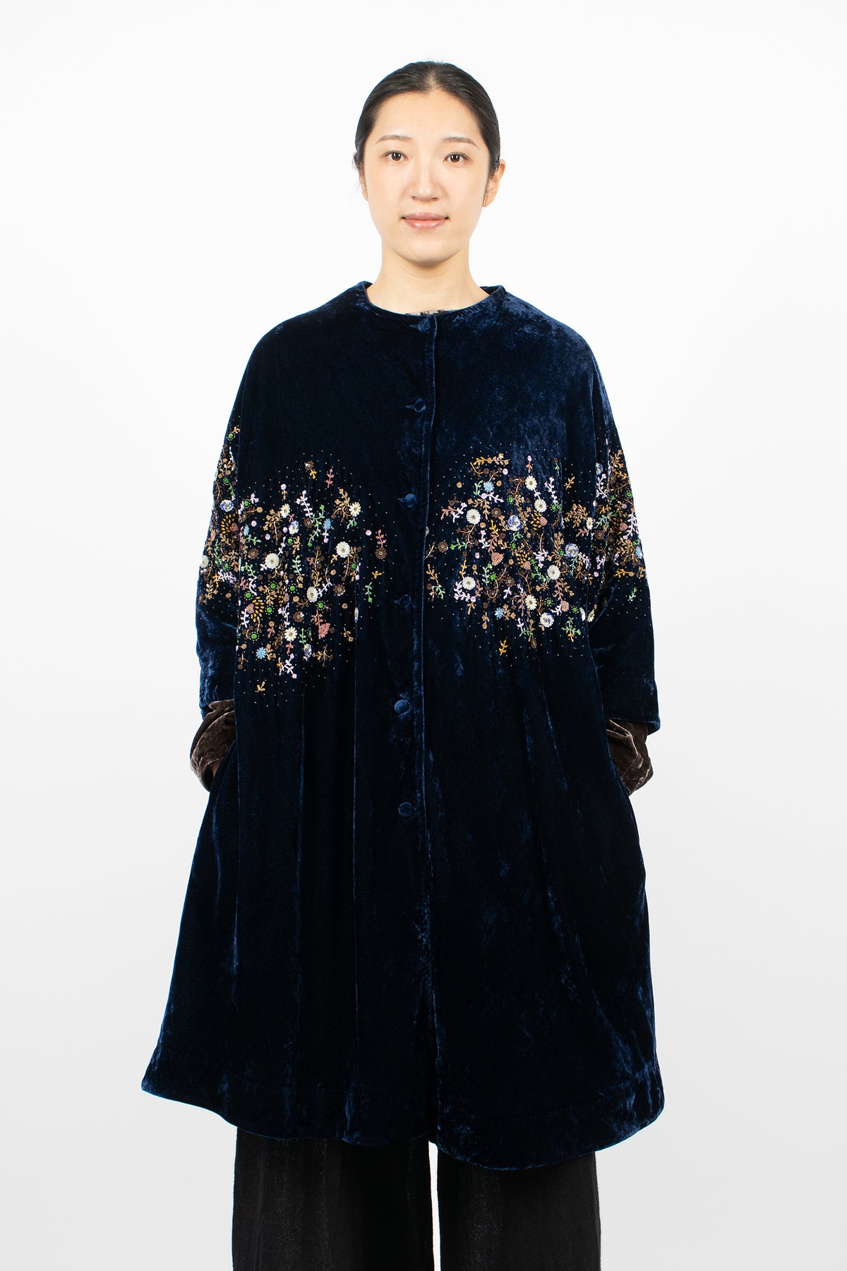 Garden Embroidery Loose Coat Tanzanite Velvet