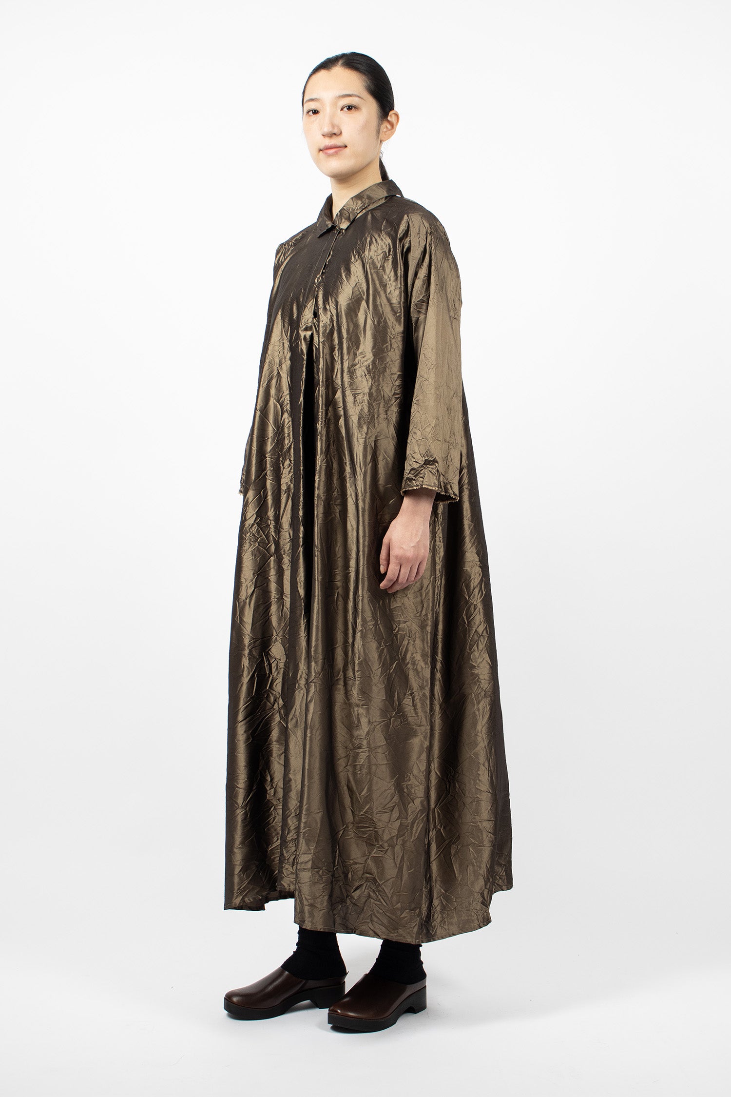 Notched Collar Taffeta Silk Dress Bronze