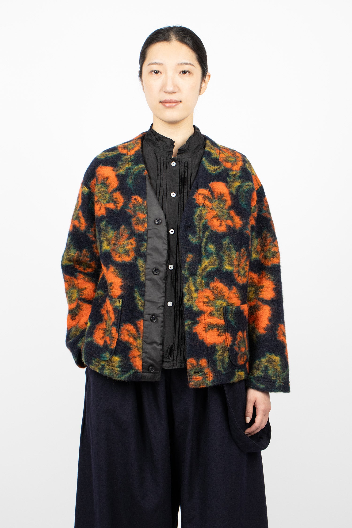 Knit Cardigan Navy/Orange Floral Jacquard