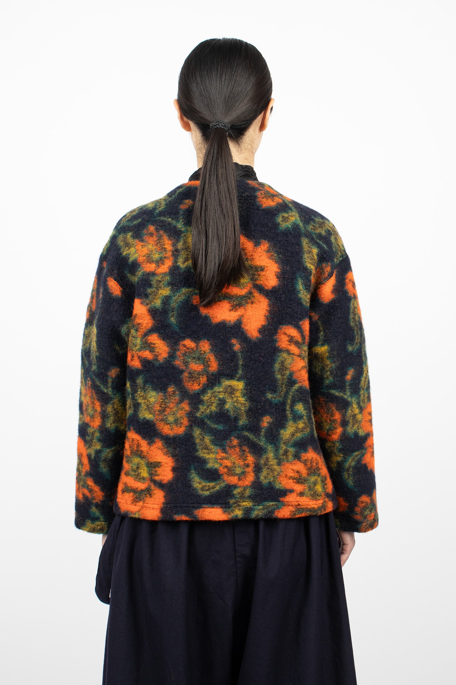 Knit Cardigan Navy/Orange Floral Jacquard