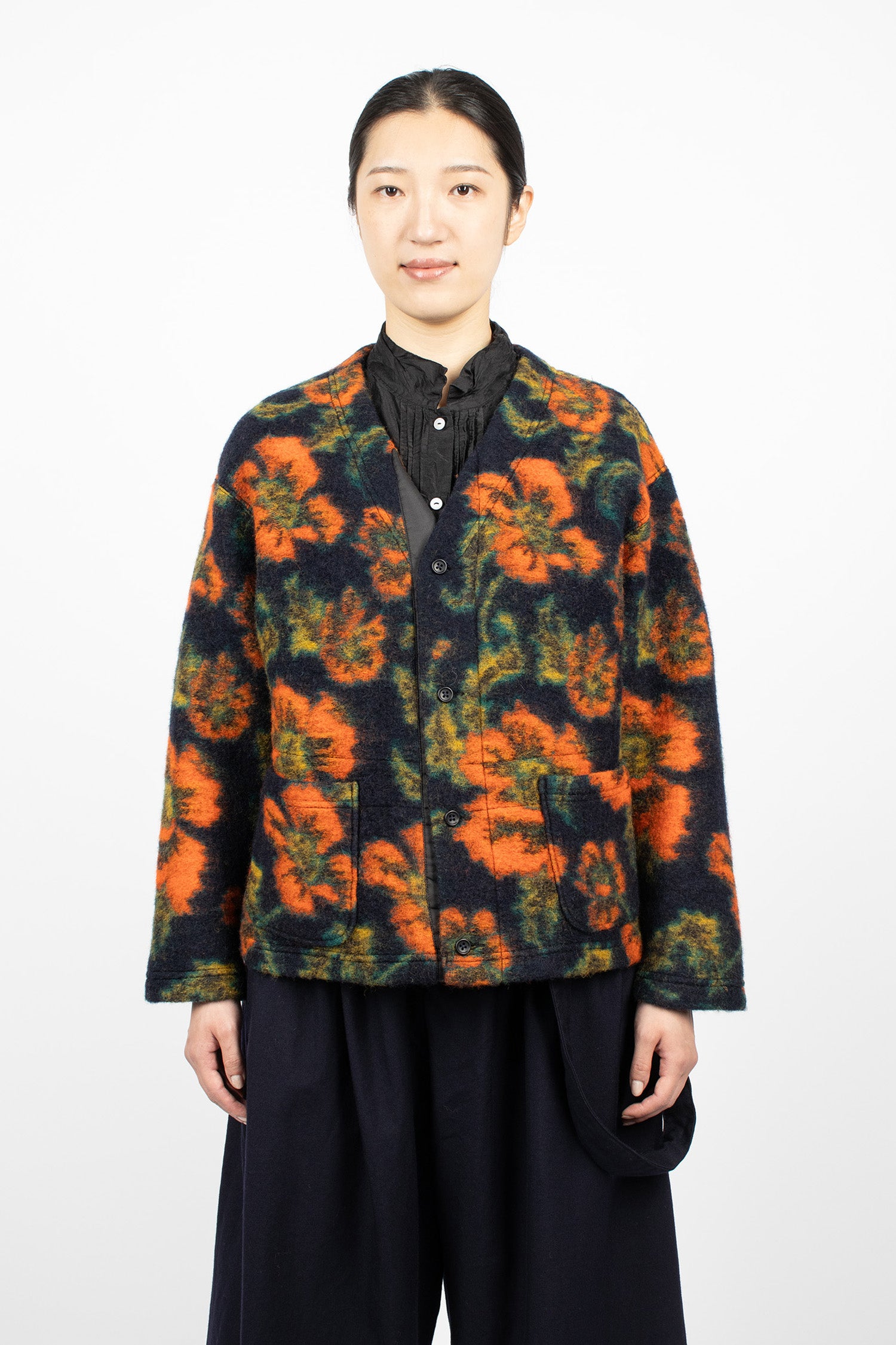 Knit Cardigan Navy/Orange Floral Jacquard