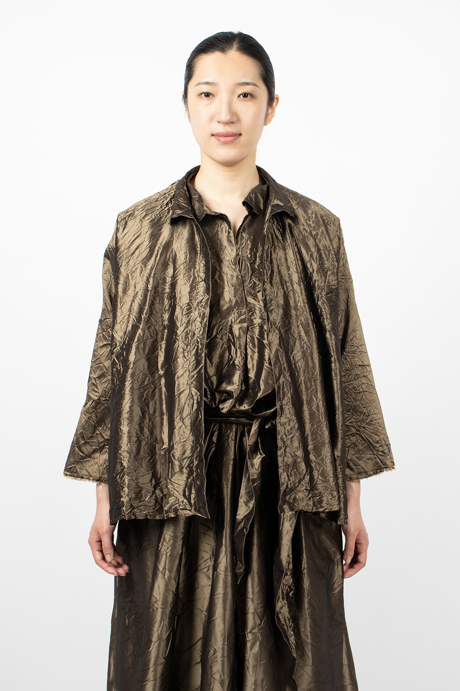 Notched Collar Taffeta Silk Jacket Bronze