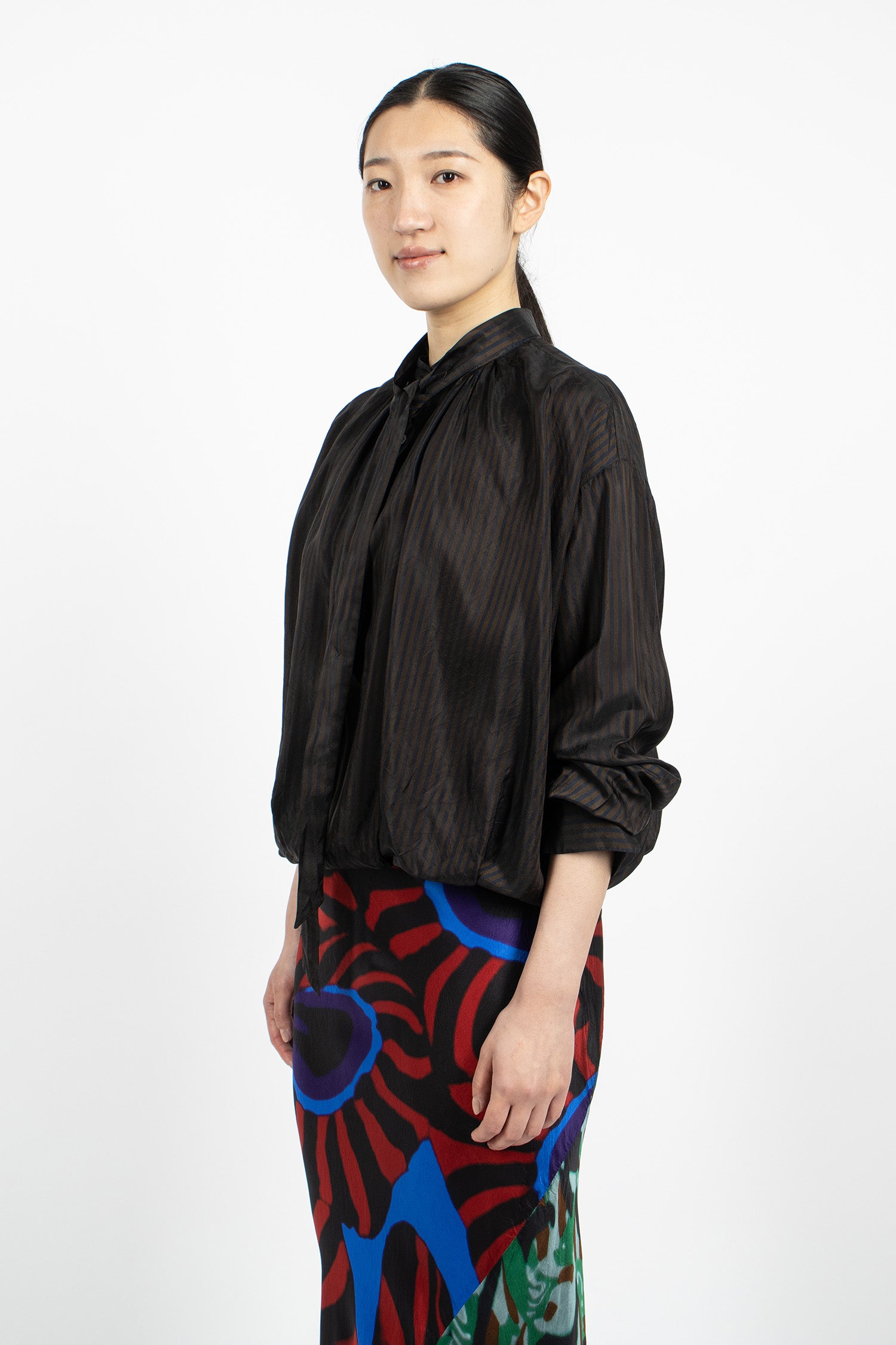 Draped Stripe Blouse Dark Brown