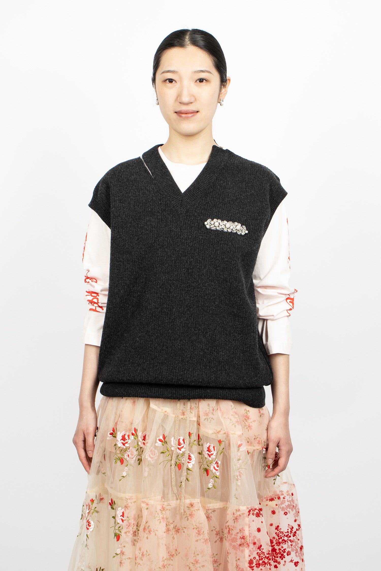 Embellished Merino Seam Bite Vest Charcoal/Pearl/Clear