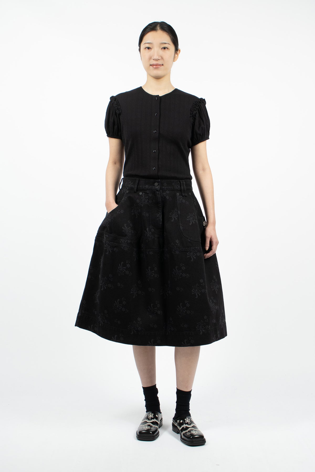 Pointelle Puff Sleeve Cardigan Black/Pearl