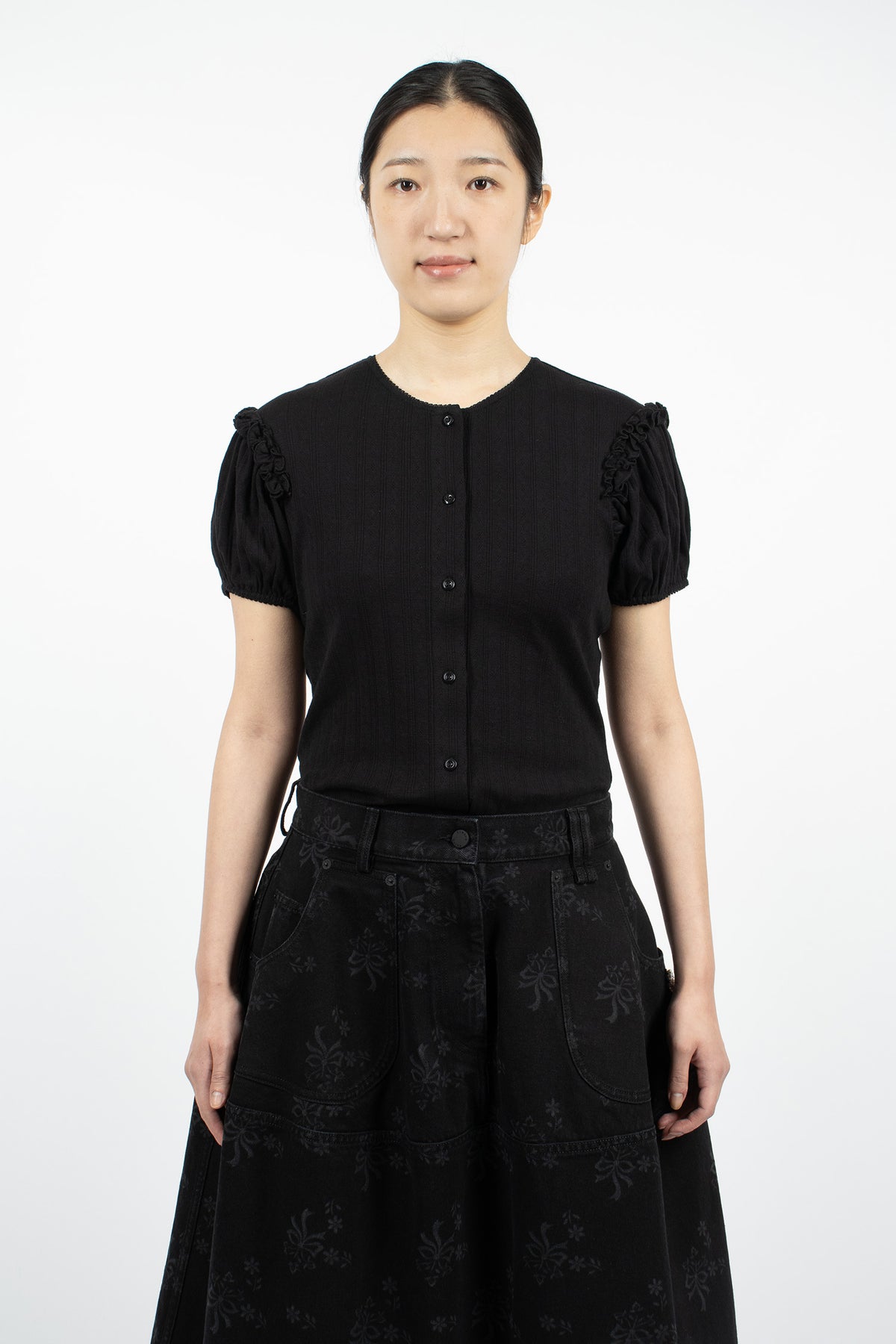 Pointelle Puff Sleeve Cardigan Black/Pearl