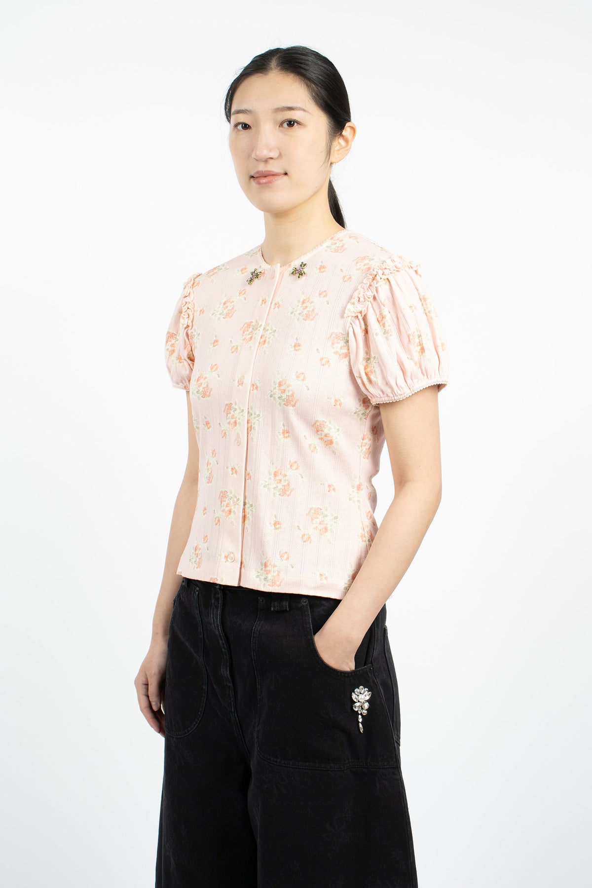 Pointelle Puff Sleeve Cardigan Pale Pink/Rose Multi