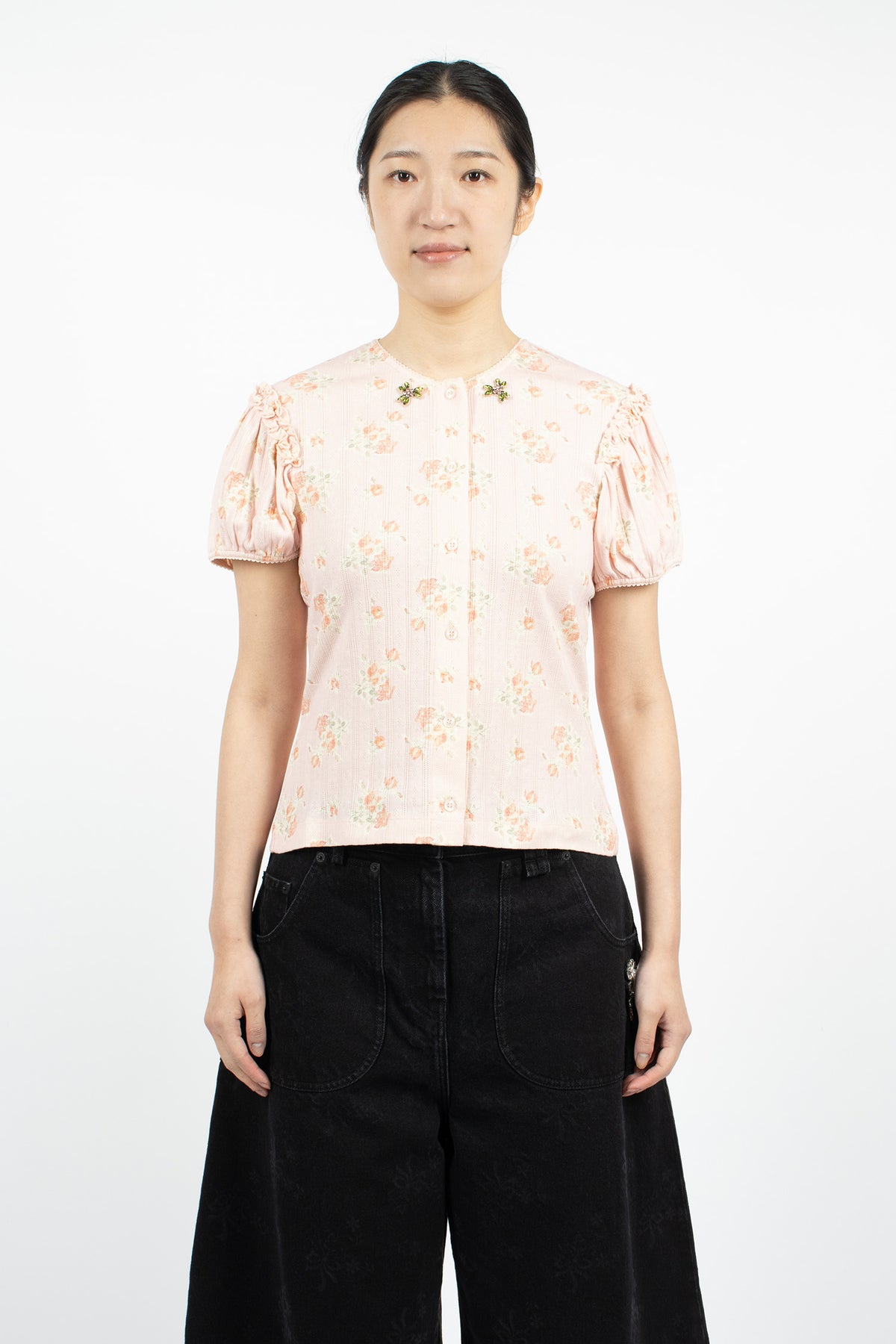 Pointelle Puff Sleeve Cardigan Pale Pink/Rose Multi