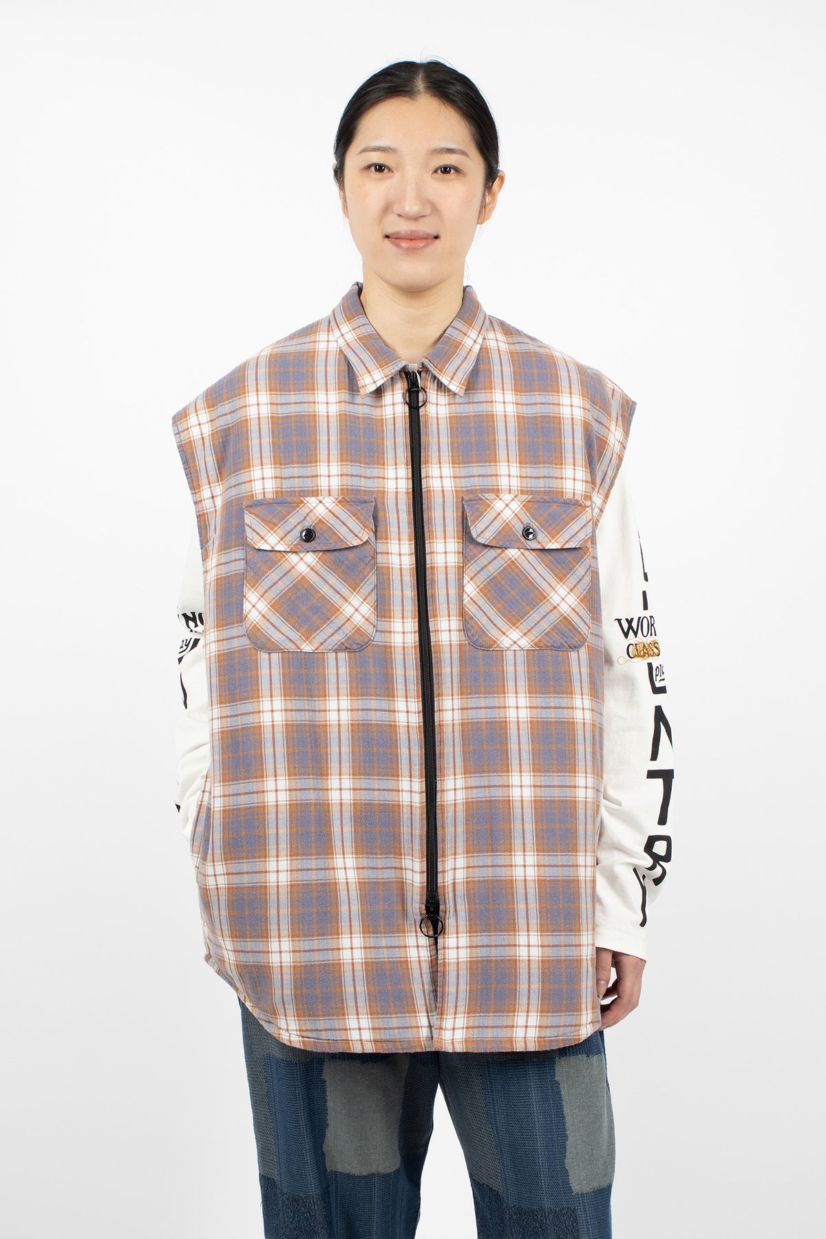 Flannel Check x Quilting Vest Navy