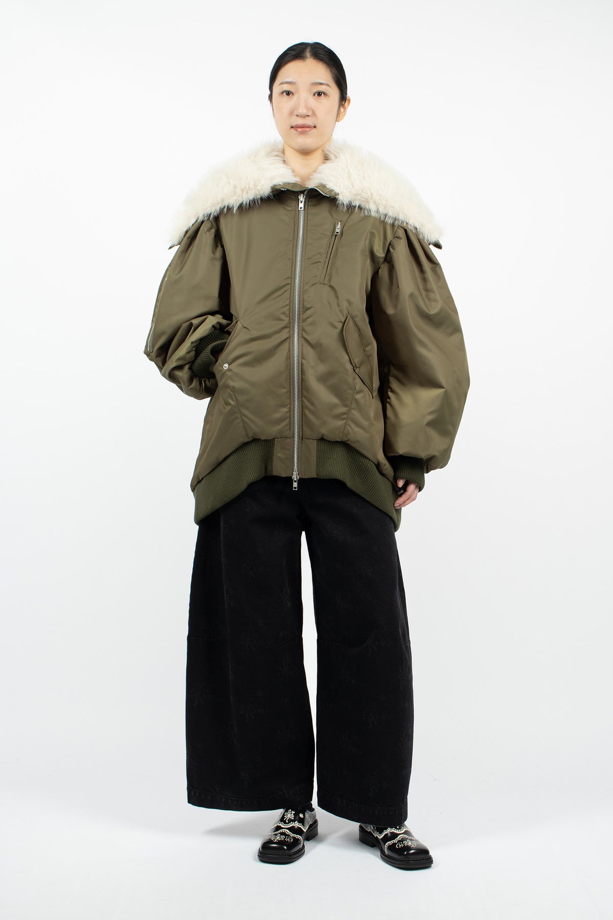 Oversized Split Faux Fur Hood Bomber Jacket Khaki/Blonde