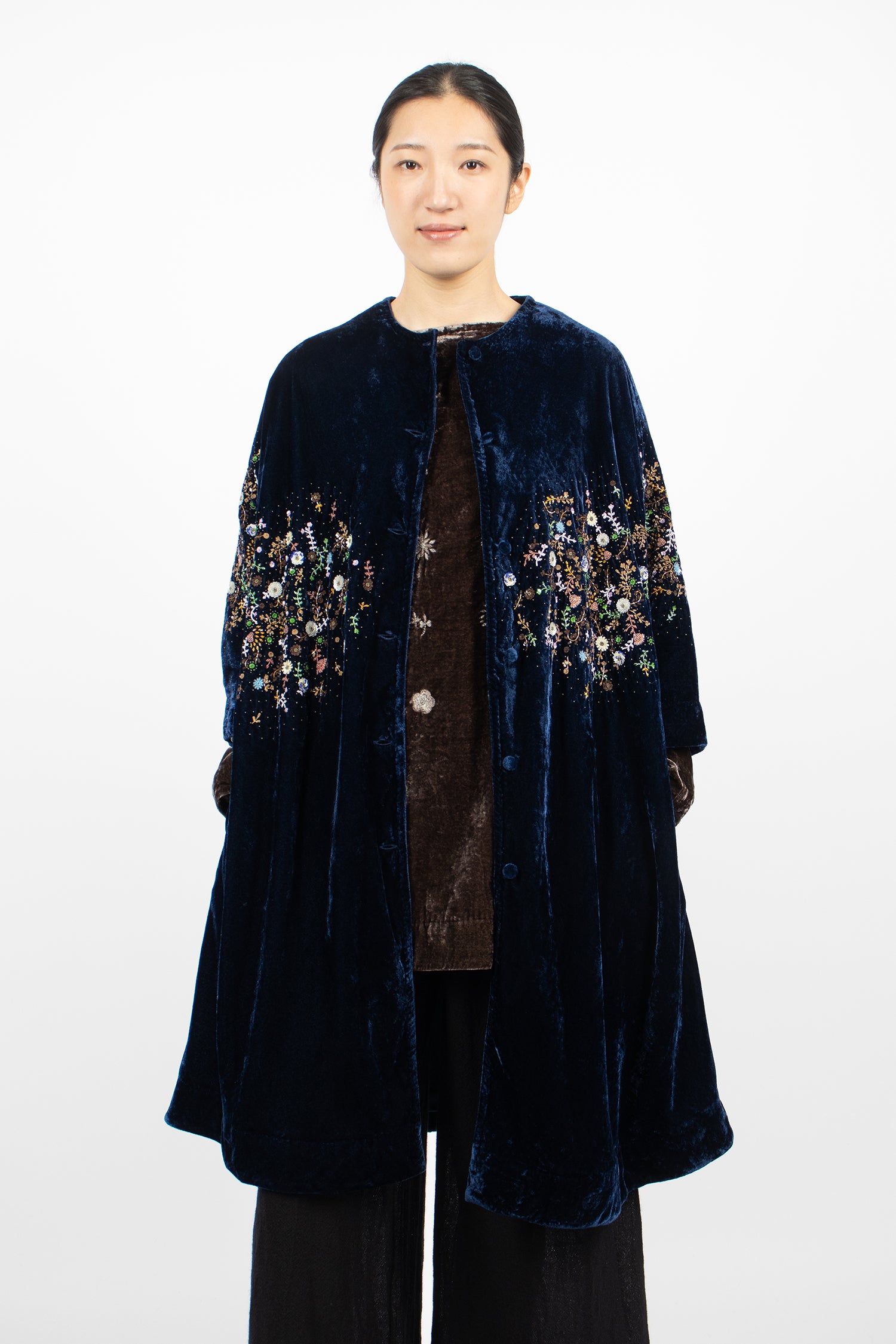 Garden Embroidery Loose Coat Tanzanite Velvet