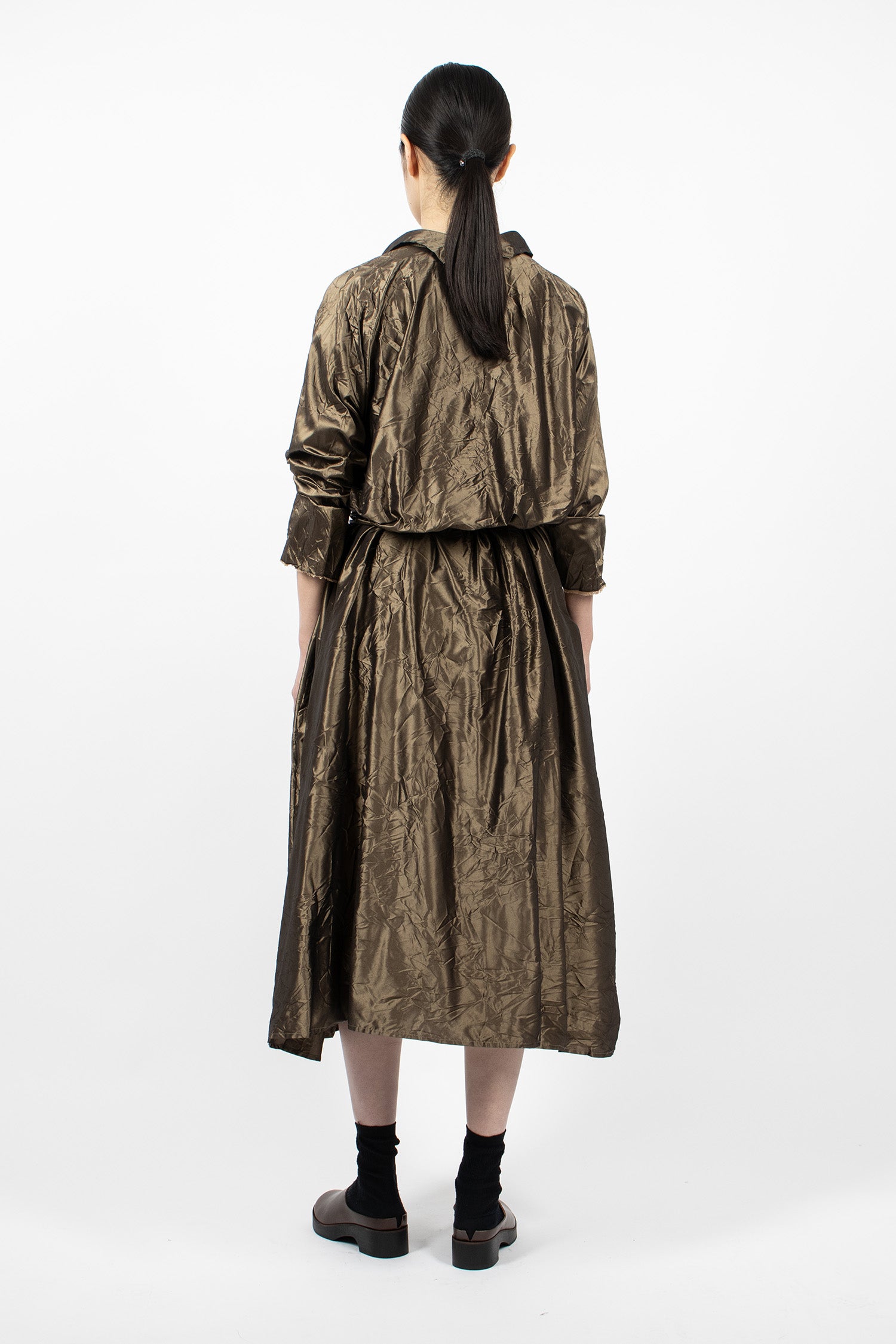 Notched Collar Taffeta Silk Dress Bronze