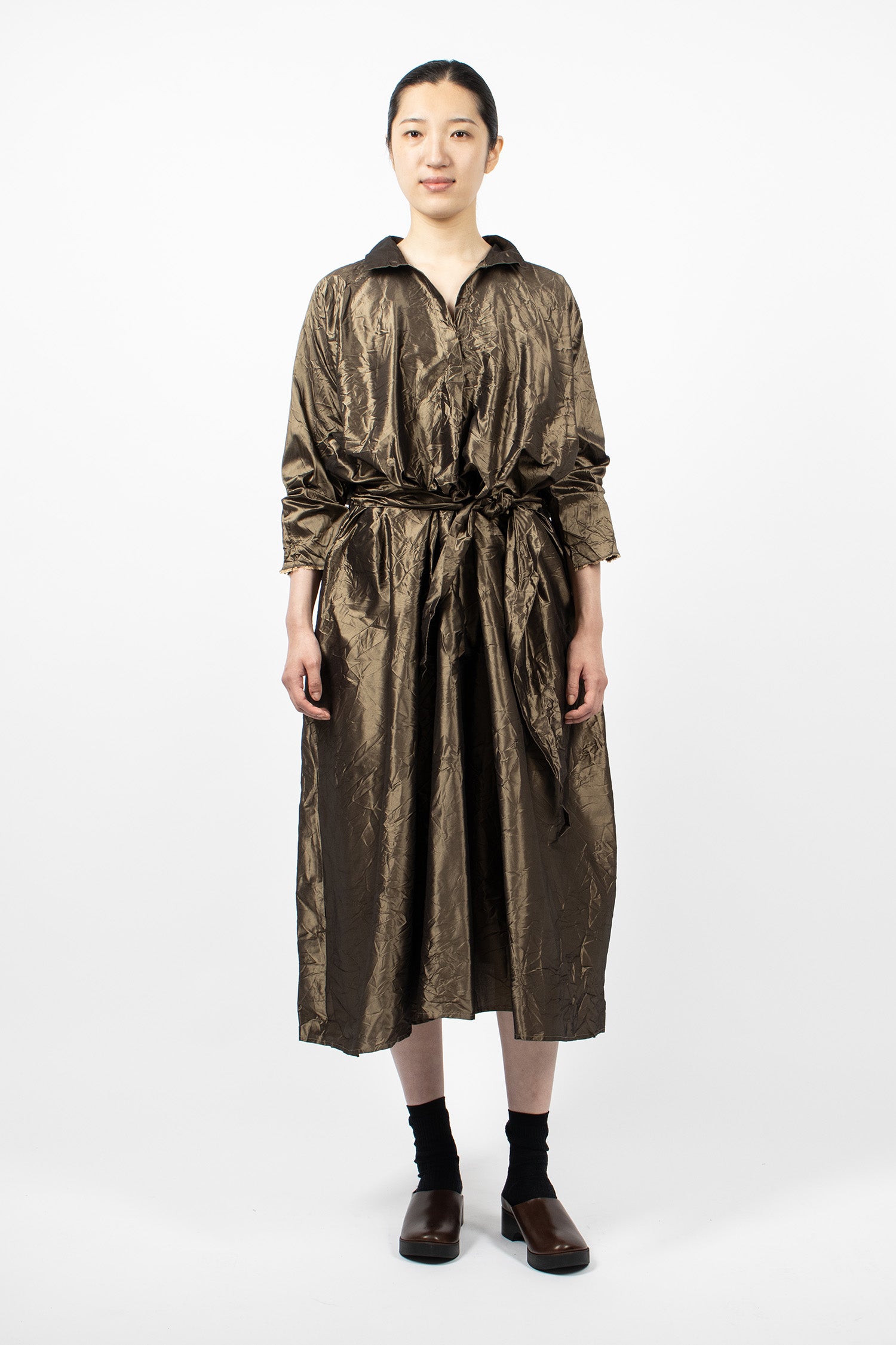Notched Collar Taffeta Silk Dress Bronze
