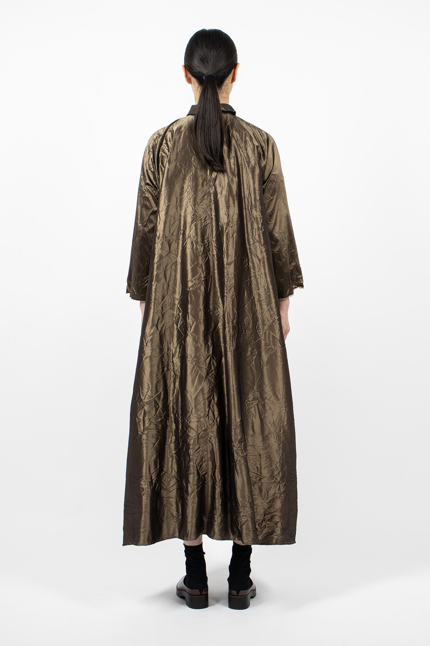 Notched Collar Taffeta Silk Dress Bronze