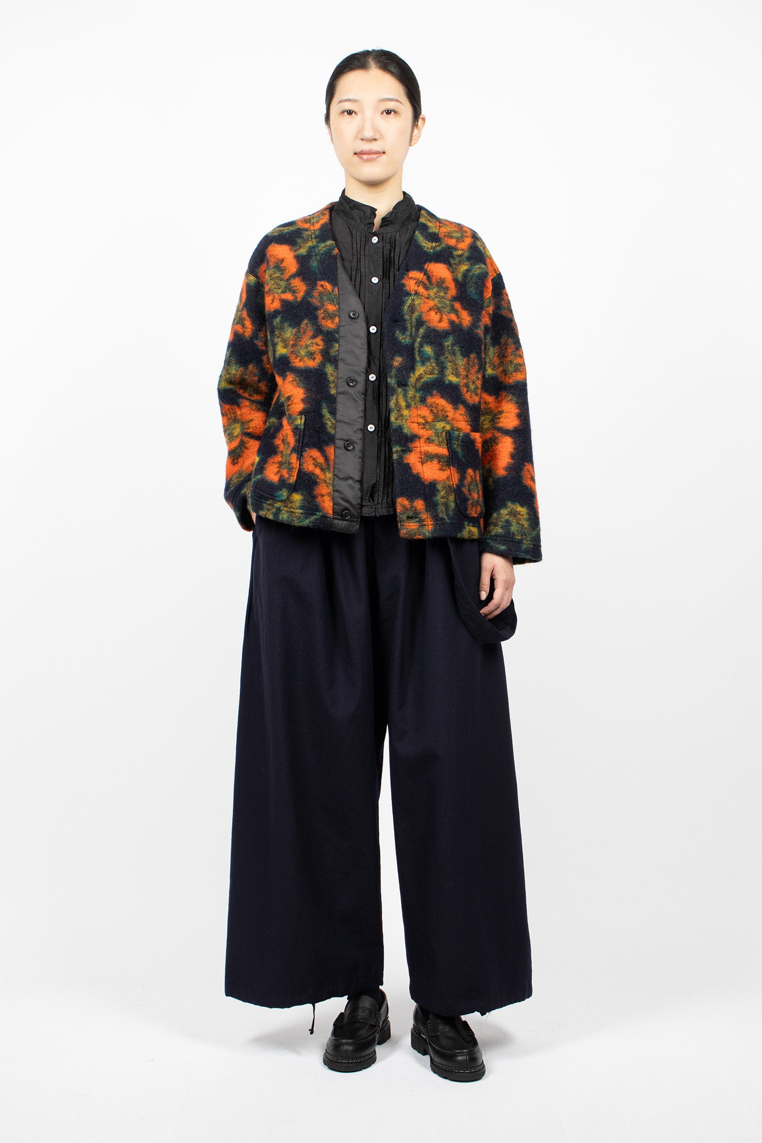 Knit Cardigan Navy/Orange Floral Jacquard