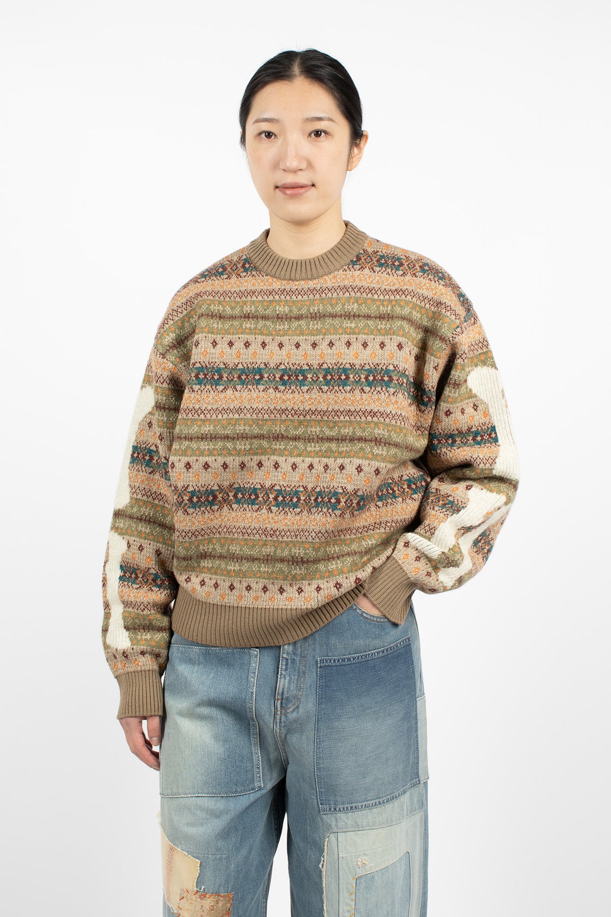 7G Wool Fair Isle Bone Sweater Orange