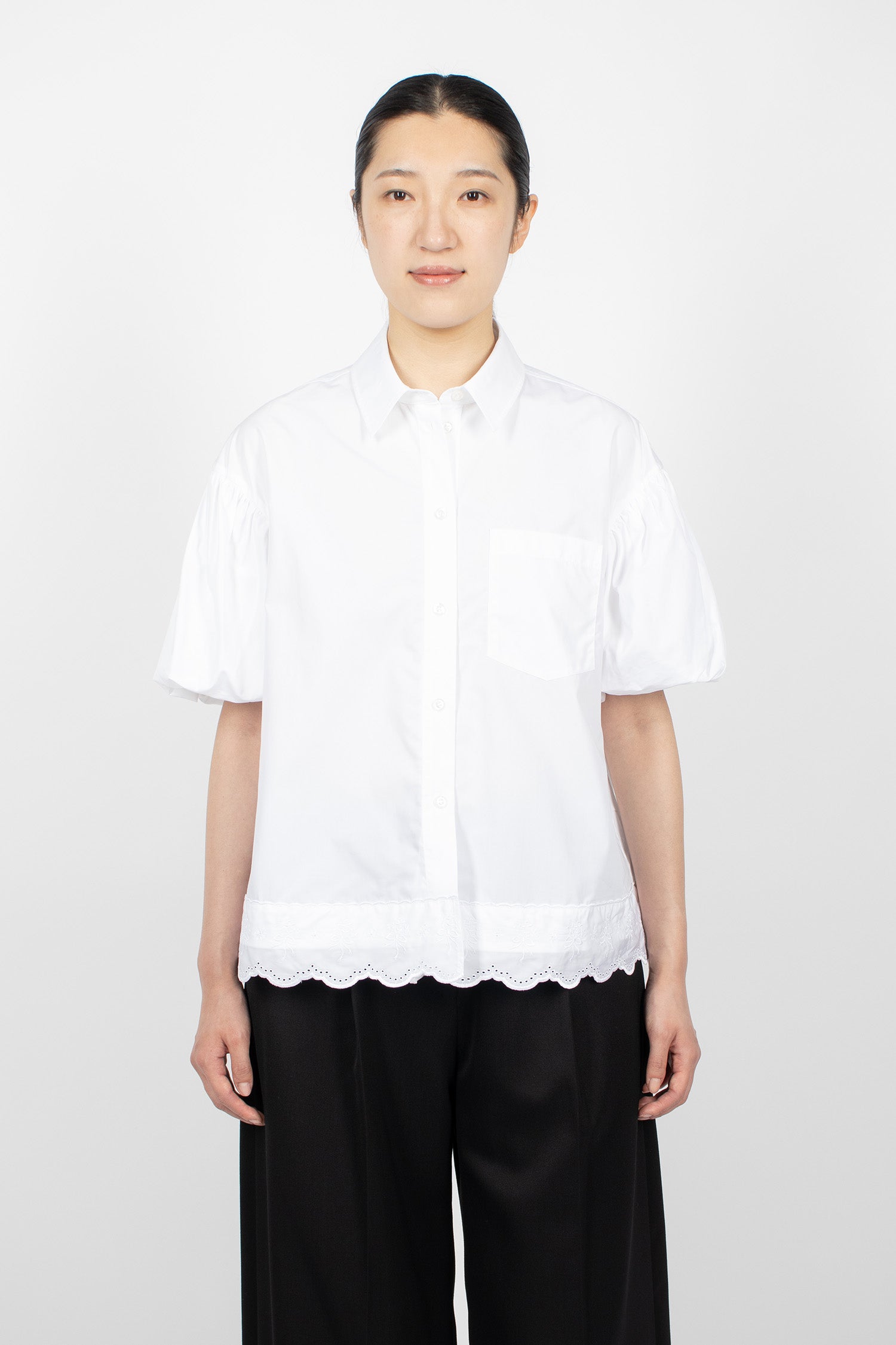 Cropped Puff Sleeve Lace Trim Shirt White