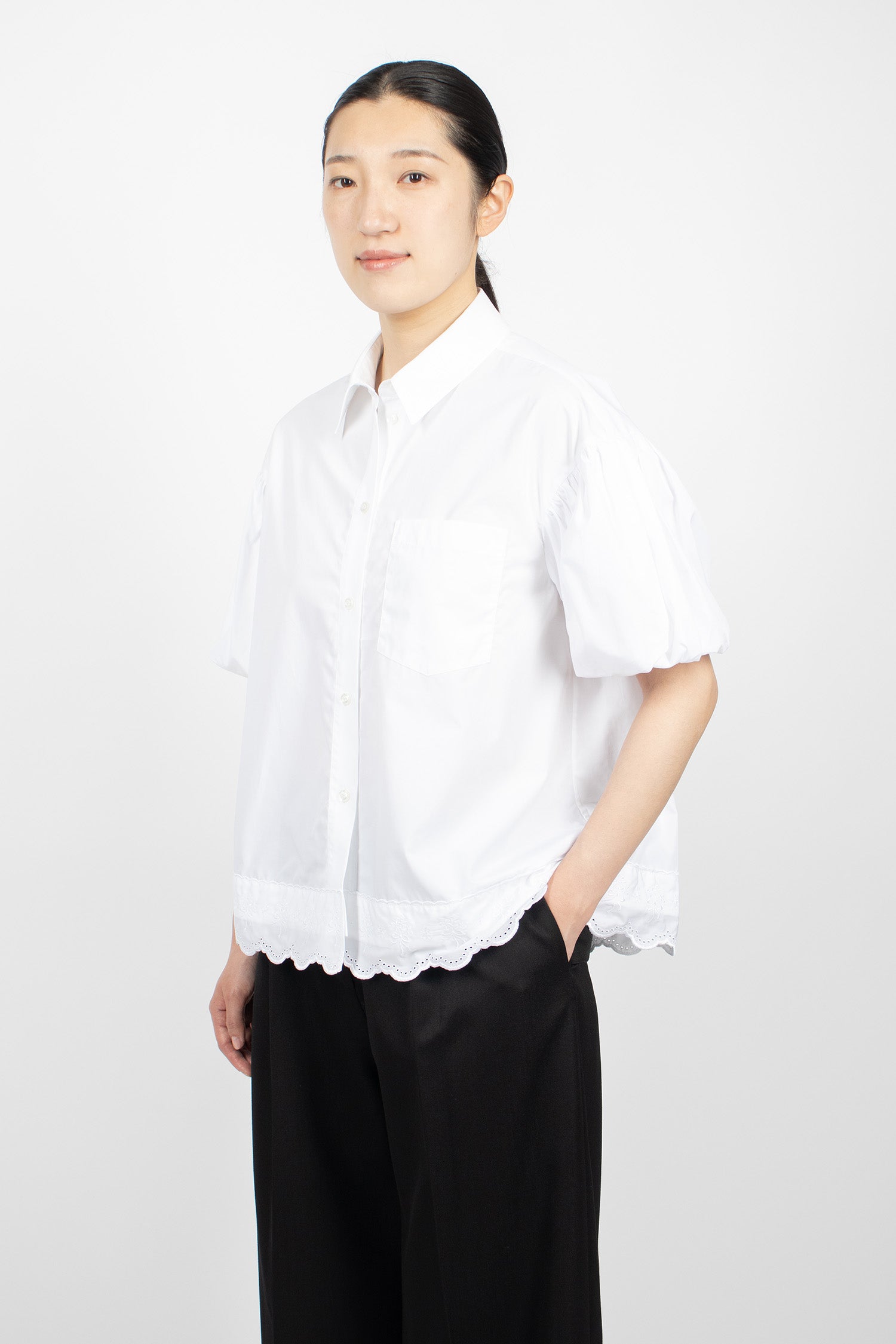 Cropped Puff Sleeve Lace Trim Shirt White