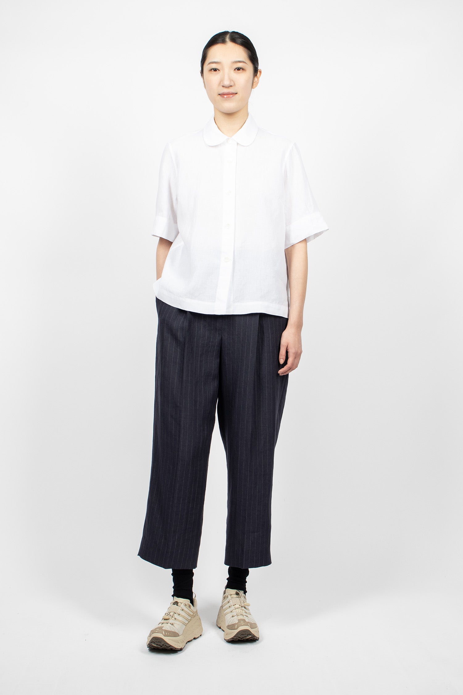 Pleated Front Cropped Trousers Navy/Grey