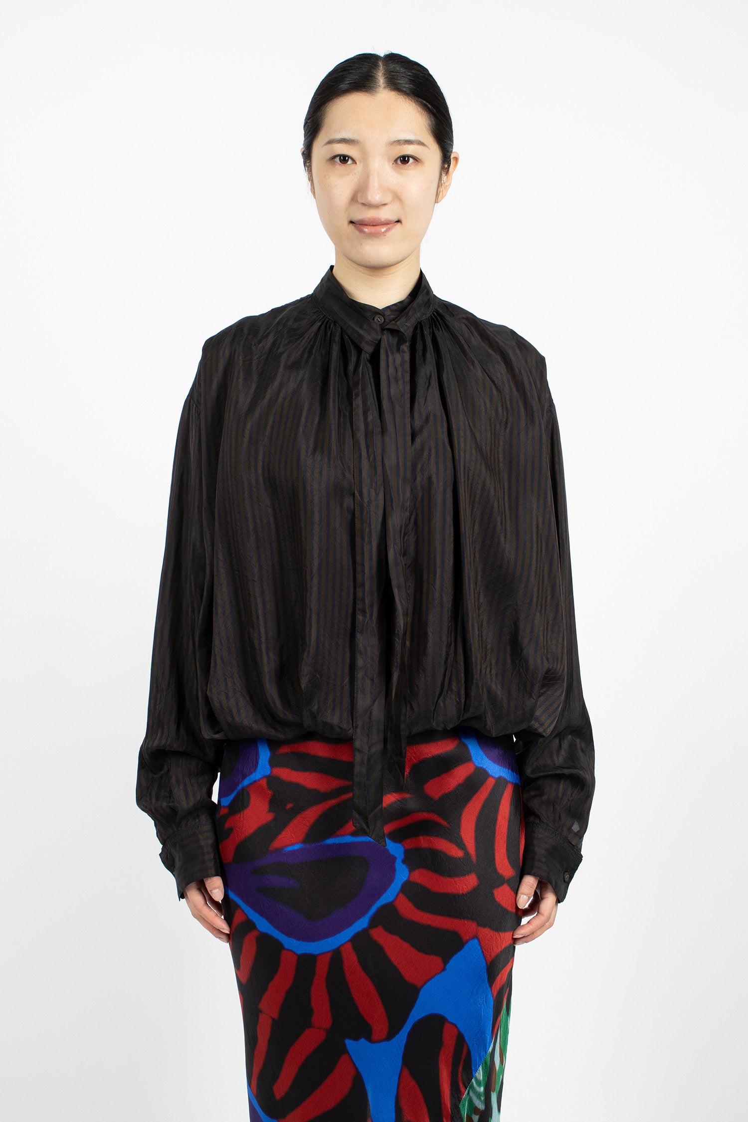 Draped Stripe Blouse Dark Brown