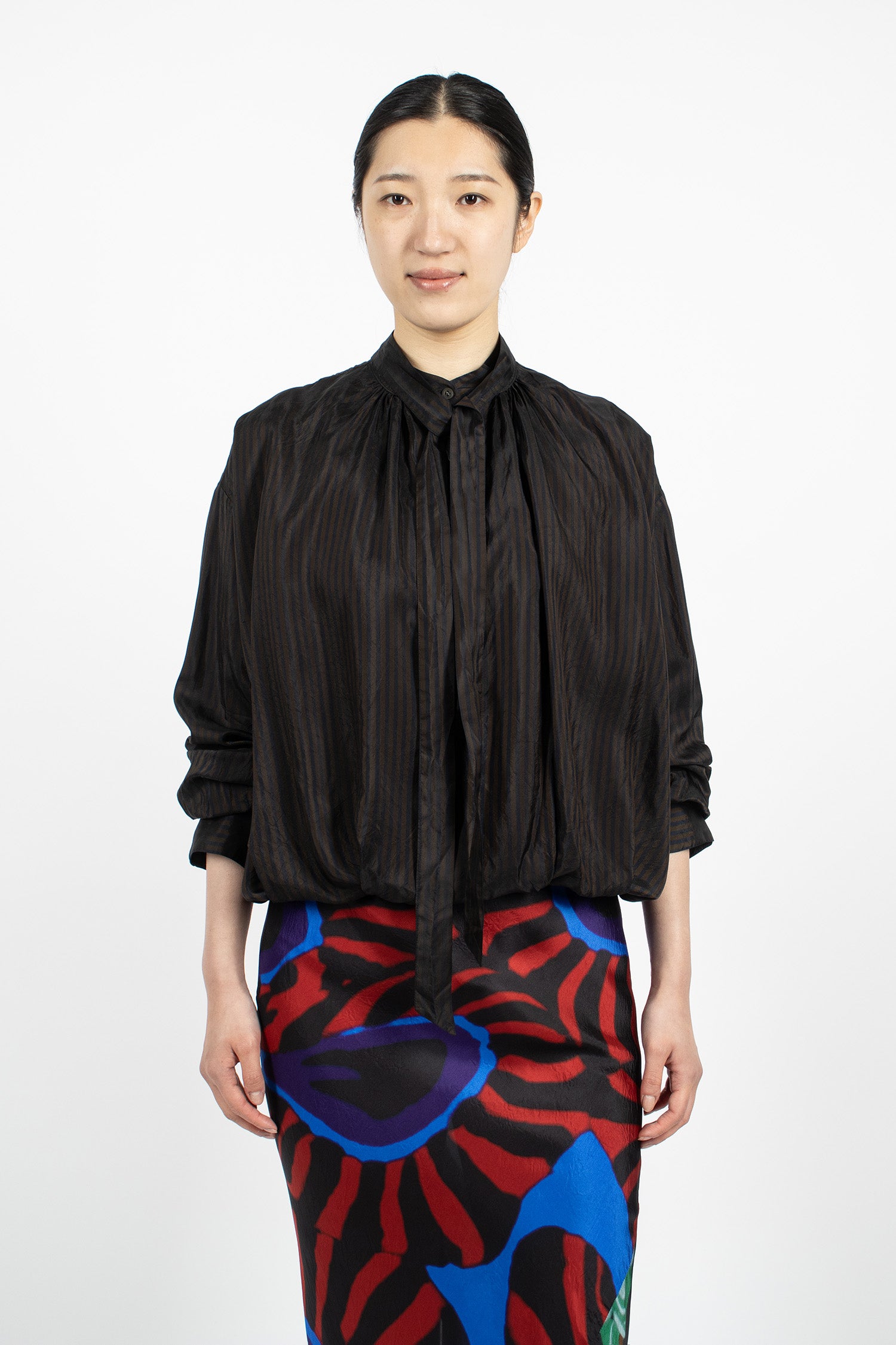 Draped Stripe Blouse Dark Brown