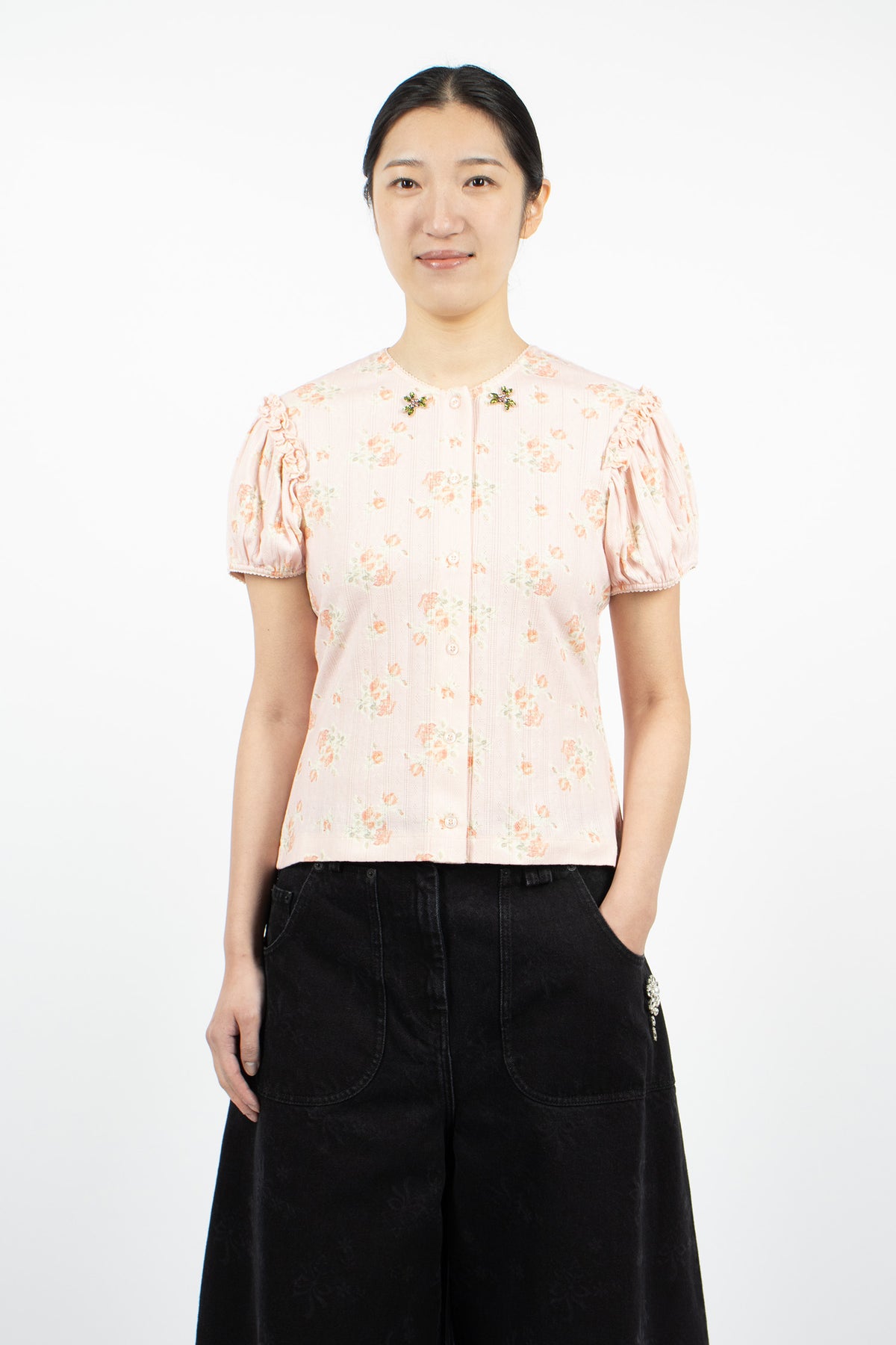 Pointelle Puff Sleeve Cardigan Pale Pink/Rose Multi